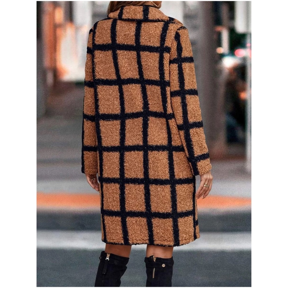 #17 Cozy Plaid Button Long Teddy Oversized Jacket Coat - Picture 5 of 7